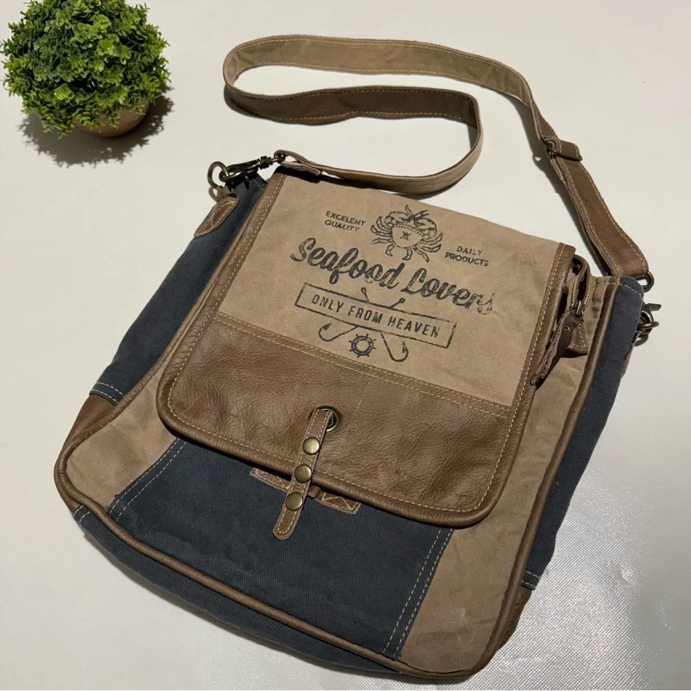 Clea Ray Upcycled Seafood‎ Lovers Canvas Messenger Crossbody Shoulder Tote Bag